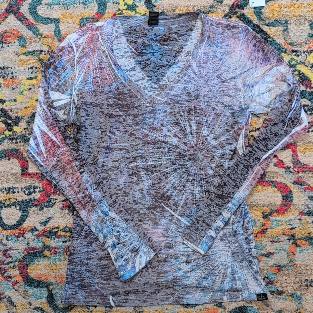 Prana long sleeve patterned top medium blue purple gray white NWOT